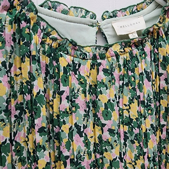 Melloday Floral Ruffle-Sleeve Pleated Dress - Green & Multicolor Print - Picture 6 of 15